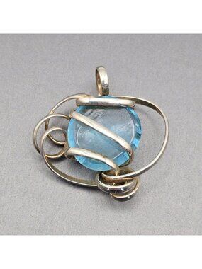 Vintage Sterling Silver Wire Wrapped Aqua Glass Pendant Abstract Modernist 1.5"